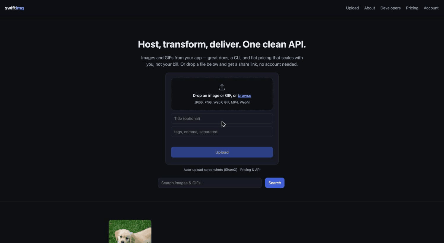 swiftimg demo — upload to share link in 15 seconds